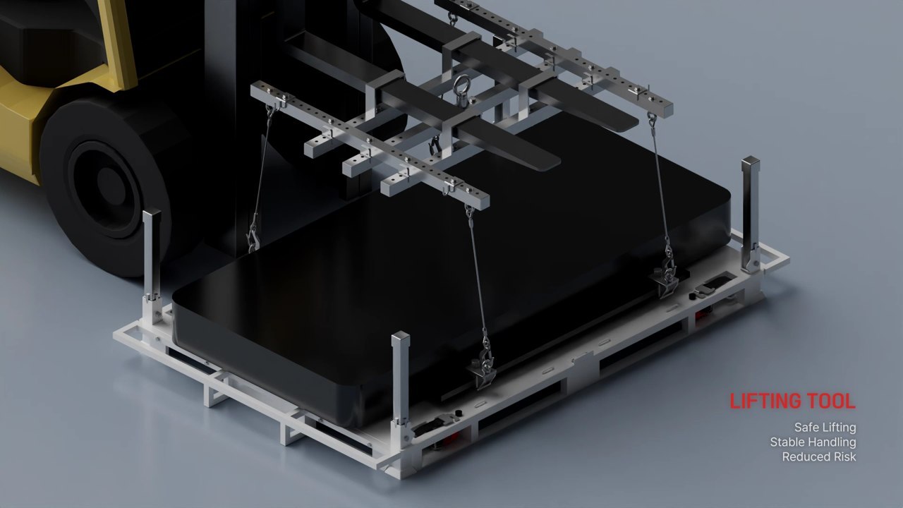제품과 인양 장치의 배치를 입체적으로 보여주는 3D 영상 장면
