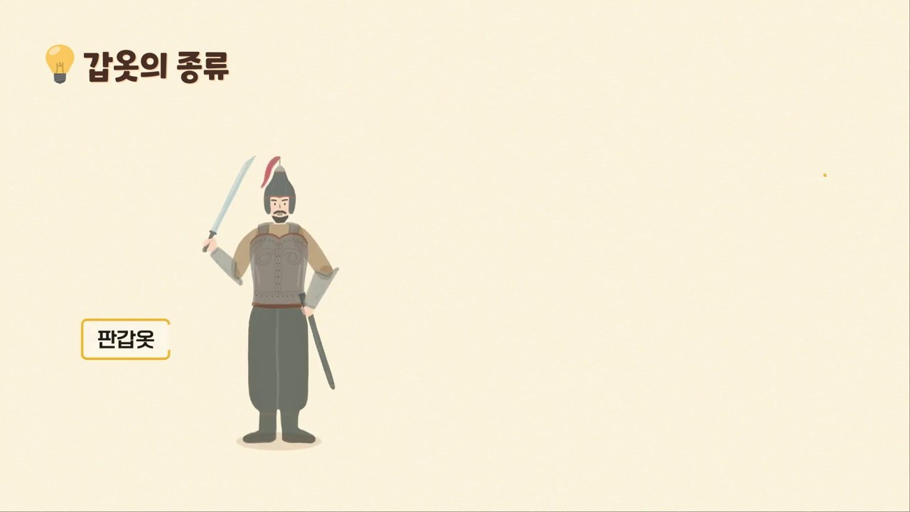 판갑옷의 명칭과 형태를 함께 보여주는 일러스트 교육 영상 장면